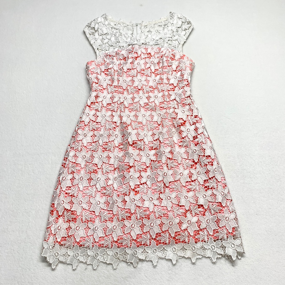 Unbranded Floral Lace Sheath Dress Womens Sz 6 Coral Pink White Cocktail Wedding
